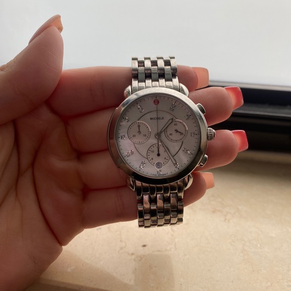 USED SLIGHTLY MICHELE SIDNEY MW30A00A0046 STAINLESS WHITE MOP DIAMOND DIAL WATCH - Picture 2 of 6